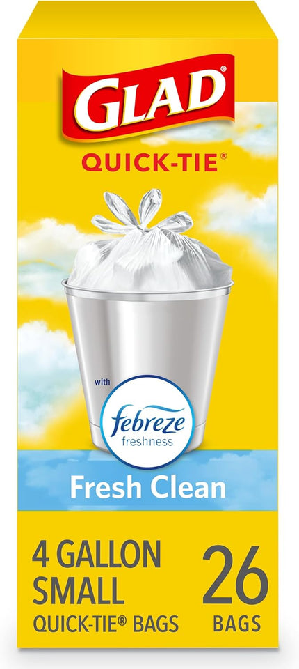 Glad 4 Gallon Small Trash Bags Febreze Fresh Clean Scent Quick-Tie Closures 26 Count